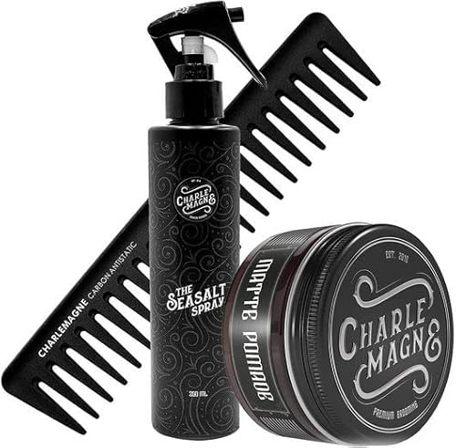 Charlemagne Haarstyling Set - Matte Pomade, Sea Salt Spray & Carbon Kamm | Haarstyling Männer Styling Wax & Haarspray Männer Geschenkset - Meersalz Spray