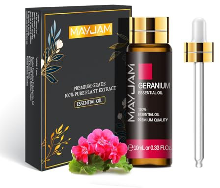 MAYJAM Geranium Essential Oil 10ML - Pure, Undiluted - Premium Quality Essential Oils with Glass Dropper - for Diffuser and DIY Candle Making