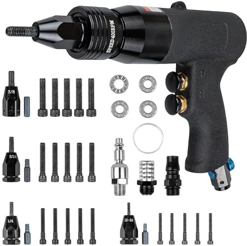 Clatoon Pistola neumática de tuerca de remache con cabezal de autobloqueo de 10-24, 1/4, 5/16 y 3/8, pistola de remache de aire de velocidad ajustable, kit de herramientas de tuerca de remache de aire