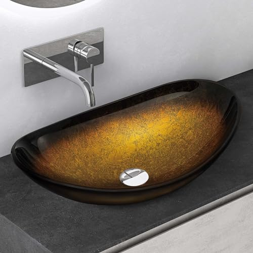 Mai & Mai Waschbecken Glas Aufsatzwaschbecken Glaswaschbecken Handwaschbecken Waschschale Oval Golden BxTxH 53,5x35,5x16 cm Minerva08