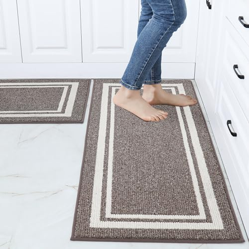 COSY HOMEER Küchenläufer 2 Stück, Küchenteppich Waschbar rutschfest, Küchenmatten, Teppich Läufer Maschinenwaschbar für Küche (60 x 90 cm + 60 x 150 cm, Braun)