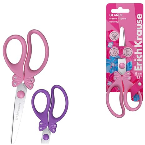 Barnsax 15 cm 1 styck – med strasstenar för flickor – blad av rostfritt stål, pysselsax, papperssax, universalsax – skolsax för barn – rosa/lila sorterad