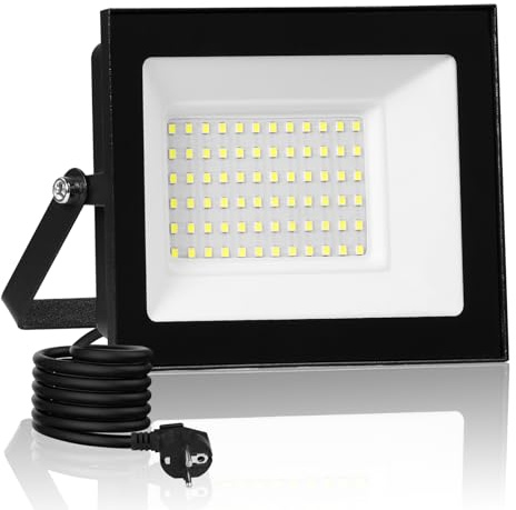 50W LED Strahler Außen mit Stecker & 3M Kabel, 3000K Warmweiß LED Scheinwerfer, 5000LM Superhell Fluter Flutlichtstrahler, IP66 Wasserdicht Außenstrahler, Aussenstrahler für Hof Garten Garage