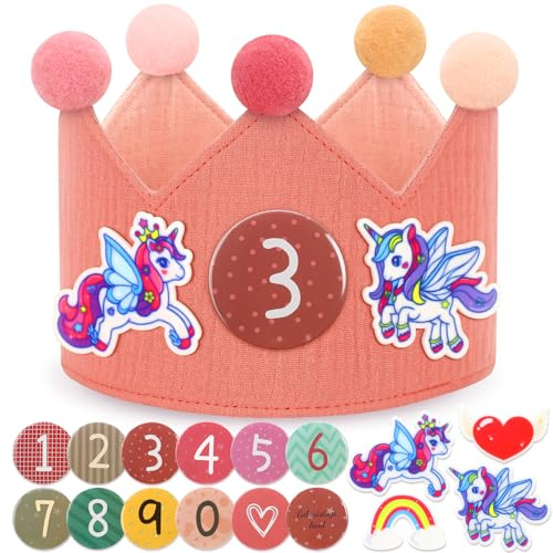 POOTACK Corona Compleanno, Cappello da Festa - 12 Bottoni a Strappo con Numeri, Cappellini Festa Compleanno Ragazze con Decorazioni in Feltro a Tema Unicorno, Corona Compleanno per Ragazzi e Ragazze
