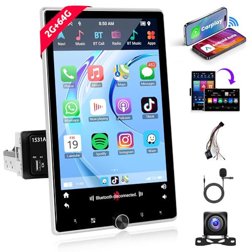 2G+64G Inalámbrico Carplay Android Radio de Coche 1 DIN con Android Auto GPS Navi WiFi ISO Cable 10.4 Rotación Manual Pantalla Pulgadas Radio Coche con Mirror Link Bluetooth FM/RDS/Dab Cámara Trasera