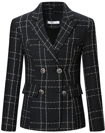 YYNUDA Abito da donna blazer tweed elegante blazer giacca plaid casual a maniche lunghe da donna giacca per ufficio, Nero , XS