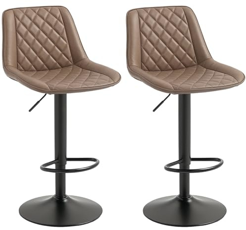 HOMCOM Bar Stools Set of 2, Retro Adjustable Kitchen Stool, Swivel PU Leather Upholstered Bar Chairs with Back, Footrest and Steel Base, Brown