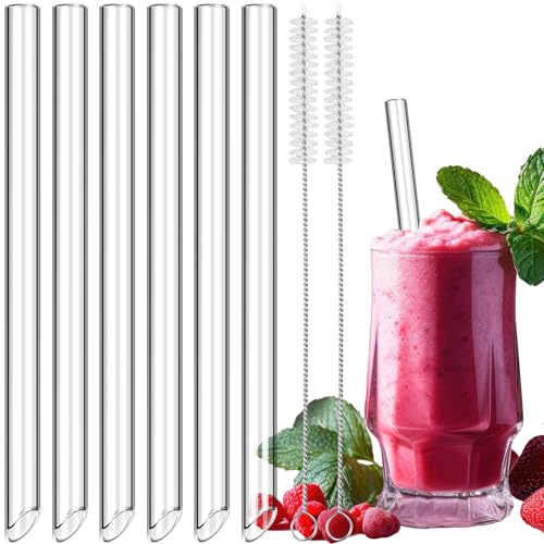 NiHome Glasstrohhalme Wiederverwendbar 6 Stück - 22 cm Klare Glas Strohhalm, Extra-Breit (14mm) für Bubble Tea, Slush, Cocktail, Säfte, Inkl. Reinigungsbürsten - Strohhalme Wiederverwendbar