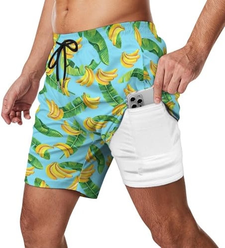 Feorafei Schnelltrocknende Herren-Badehose, 17,8 cm, mit Kompressionsfutter, 2-in-1, Strand-Badehose, Boardshorts mit Taschen, 922.Green Leaves Bananen, Large