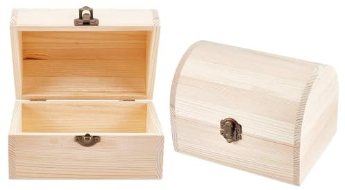 Suixtil 2 unlackierte Holzkisten, eine Holzschatzkiste mit gewölbtem Scharnierdeckel und eine Holzschlosskiste mit Frontklappe, zum Basteln von Schmuck(Wood Colour-Curved Rectangle)