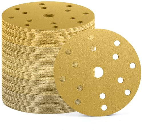 Pfloge® 50Pz Dischi Abrasivi 150mm, 15 Fori, 10 pezzi Grana 60/80/120/180/400, Carta Vetrata per Legno, Levigatrice (oro(P60/P80/P120/P180/P320))