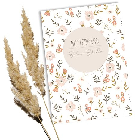 Minilino premium Mutterpasshülle personalisiert - Geschenk zur geburt/Schwangerschaft (3-teilige personalisierte Mutterpasshülle, Blumenkind weiss)