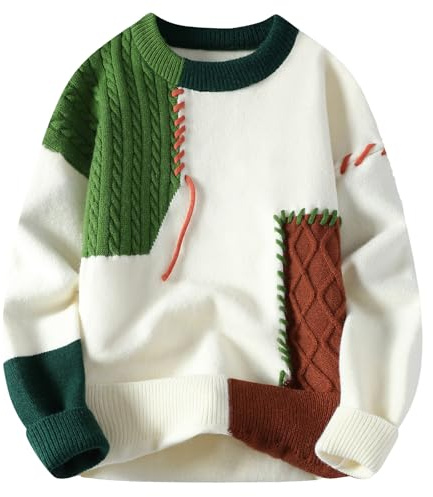 GURUNVANI lappverk tröja herr färgblock jumper kabel stickad pullover överdimensionerad, gRÖN, M