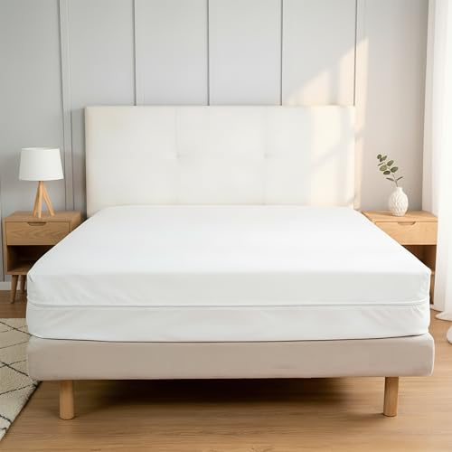 Cubrecolchón Impermeable con TPU y Cierre de Cremallera, Funda Protectora Completa, Lavable, para Camas de 135 y 140 x 190/200 cm, Color Blanco - 1 Unidad