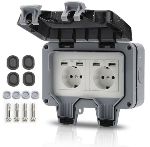 Idota Aussensteckdose IP66 Wasserdicht 2 Fach Steckdose mit USB-Anschlüsse | Aussenbereich Wandsteckdose Gartensteckdose mit Klappdeckel für Drinnen und Draußen