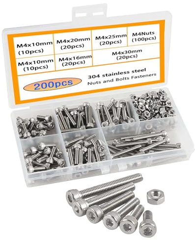 HVDHYY M4 Schrauben Set 304 Edelstahl-Innensechskant Mechanische Innensechskantschraube und Muttern-Set Rostfrei Sechskopfschrauben Muttern Mit 200pcs