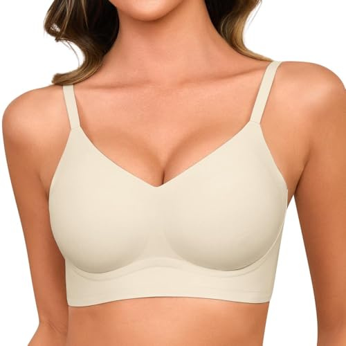 Lonya BH för kvinnor icke trådbunden sömlös komfort stöd full täckning push-up v-ringad mjuk vadderad trådlös bralette-t-shirt noll känsla sömn vardags-bh, Vitt, L