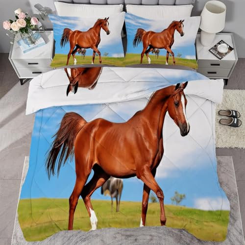buyluhn Bettdecke 240x220 Braun Pferd Ohne Bezug Nutzbar, 4 Jahreszeiten Bettdecken Wilde Tiere Große Steppdecke Ganzjahresdecke, Waschbar Bettzeug mit 2 Kissenbezug für Sommer Winter Doppelbett