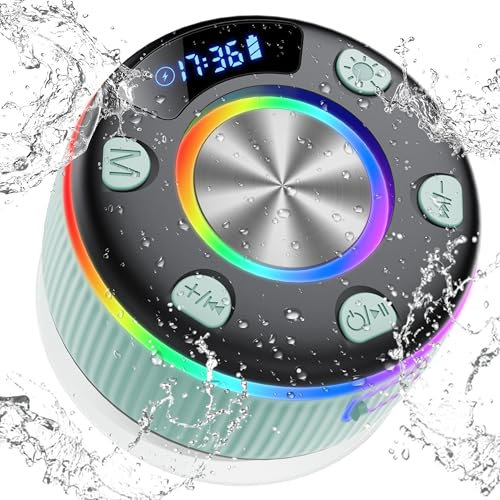 Cassa Doccia Bluetooth 5.3, IP7 Impermeabile Cassa Bluetooth Doccia con Luce RGB Ventosa, 360° Stereo Speaker Bluetooth 8 Ore Chiamata Vivavoce, Altoparlante Doccia per Bagno Piscina Viaggi, Verde