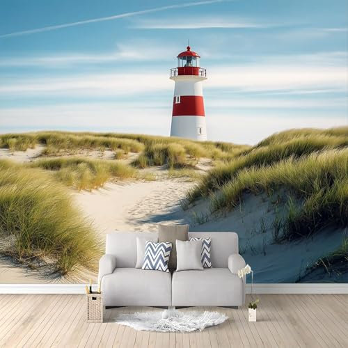 Papier peint panoramique Dunes de paysage naturel herbe verte phare 300 x 210 cm - Revêtement mural décoration pour chambre salon - Design moderne intissé - XXL Tableaux Muraux Tapisserie Photo