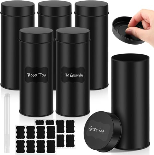 Tanlade 6 Pcs Tea Tin Canister 23oz Metal Round Cans with Airtight Lid Double Sealed Loose Leaf Tea Storage Containers with 1 Erasable Chalk Marker and 16 Stickers for Coffee Sugar Spices