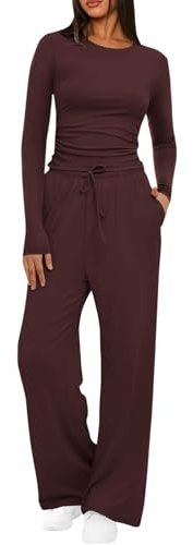 Mobeur Womens Tracksuit Set Two Piece Outfits Stretch Long Sleeve Crop Top and Drawstring Elastic Waist Wide Leg Trouser Solid Color Lounge Sets Y18k Outfits Ladies Yoga Trousers Suit