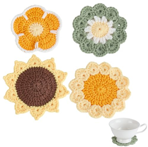 AHANDMAKER 4 Stück Häkeluntersetzer In 4 Stilen Handgemachte Lustige Tassenuntersetzer Mit Blumenmotiv Mehrfarbig Baumwolldeckchen Für Couchtisch Tischschutz Heimdekoration 5 Zoll