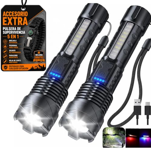 Pack 2 Linternas LED Alta Potencia Recargables USB – Linterna Táctica con 7 Modos, Luz Lateral COB, Enfoque Ajustable, Impermeable IPX6 + Pulsera Paracord – Para Emergencias, Camping, Coche, Caza
