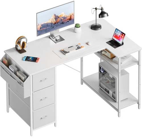 SOLAVERO Bureau d'angle avec Rangement et 3 Tiroirs, 120 x 78 cm, Blanc