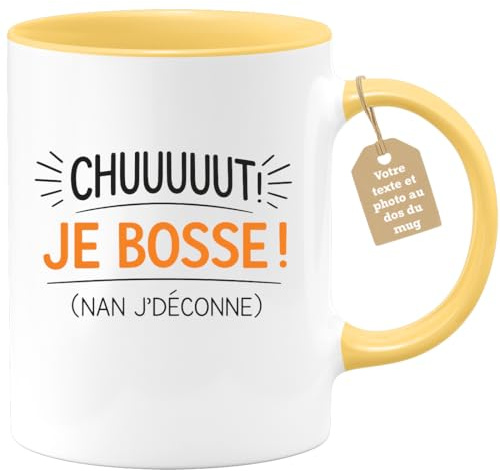 quotedazur Café-Croissant - Mug Personnalisé Cadeau Humour Collègue Bureau - Chuuut Je Bosse Nan J'Déconne Pour Cadeau Noël Tasse Travail Détente Secret Santa - Jaune/Céramique