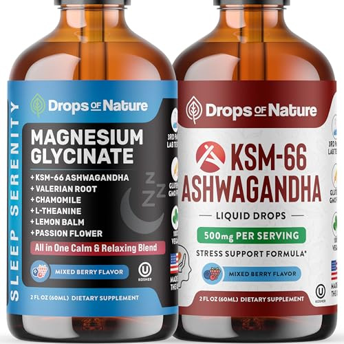 Drops Of Nature KSM-66 Ashwagandha Liquid Drops (Mixed Berry, 60ml) & Magnesium Glycinate & Ashwagandha Drops (Mixed Berry, 60mL) – Vegan, Fast-Absorbing – Daily Support for Clarity, Calm & Relaxation