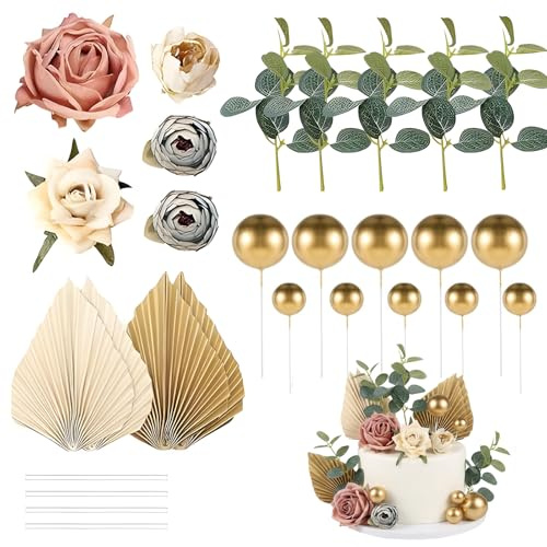28Stk Boho Kuchendekorationsset - Boho Kuchendekorationsset, Cake Topper, Kunstblumen Laub Gold Kugeln Torten Deko, Kuchen Deko für Babyparty Hochzeitstorte Geburtstag Kommunion Taufe Party