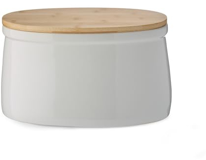 KHG Brotkasten Weiß Keramik Steingut Holzdeckel Bambus, Aufbewahrung Brot oval, Deckel als Schneidebrett, glänzend glasiert mit Emaille, Lüftungslöcher, Landhaus Vintage Stil, unbeschriftet