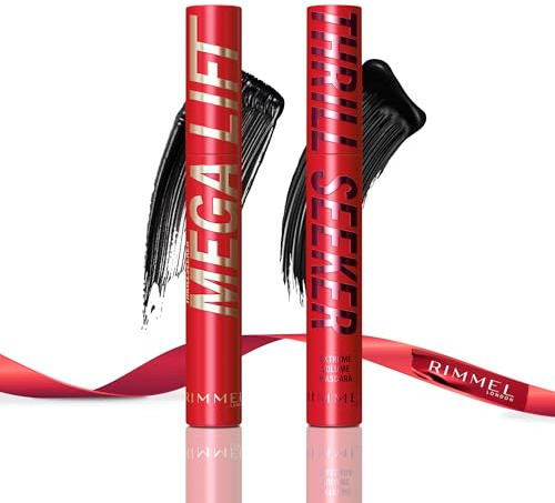 Rimmel Mega Lift +Thrill Seeker Extreme Mascara, 001 Black, Ultra Volumising, 24hr Wear, Unique BIG Tower Fibre Brush, Smudge-Proof, Flake-Free, Clump-Free, Cruelty Free 12.5ml