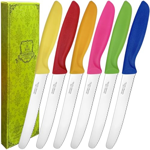 ViYiosew Frühstücksmesser Wellenschliff, Brötchenmesser, Tomatenmesser, Tafelmesser & Steakmesser 6-teilig, Universalmesser für Küche und Brotzeit, angespritzte Griffe, spülmaschinenfest(Mehrfarbig)