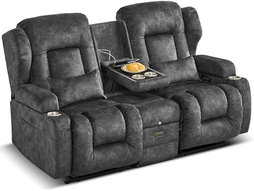 LIFTSHA Manueller Zweisitzer Relaxsessel mit Schaukelfunktion, 30° Schwingsessel Kinosessel Heimkino Liegesessel, 2-Sitzer TV Sessel mit klappbarer Mittelkonsole, USB, Steckdose (Grau, 2-Sitzer)