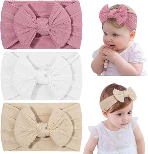 3 Pcs Premium Baby Girl Headbands Soft Nylon Bows Newborn Hair Accessories Stretchy Toddler Hairbands Perfect Baby Girl Gift Set for Kids Infants Toddlers(Dark Pink, White, Beige)
