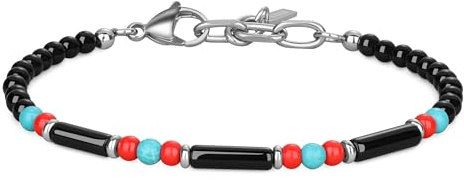 COAI Pulsera Hombre Boho Surfista con Cuentas de Ónix Negro Natural, Turquesa Sintética y Vidrio Rojo, Pulsera Verano Hombre Ajustable 20+3cm