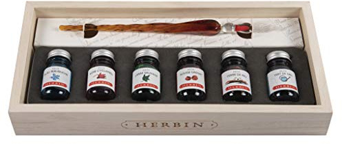 Jacques Herbin 27604T - Geschenkset aus Holz mit 6 Tintenflakons, farbig sortiert, 10ml und 1 Glasfeder, 1 Set