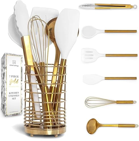 Styled Settings White and Gold Kitchen Utensils Set with Holder, 7-Piece | Silicone Cooking Tools with Gold Utensil Holder - Luxury Kitchen Accessories for Stylish Cooking and Serving