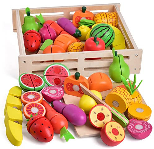 FUN LITTLE TOYS 35PCS Wooden Play Food for Kids Kitchen, Pretend Cutting Food Toys with Wooden Tray, Dishes and Knife for Kids, Pretend Play Food for Christmas Birthday Gifts