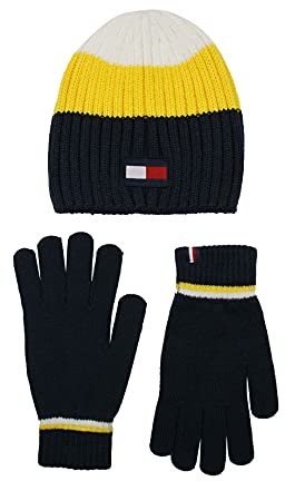 Tommy Hilfiger Jungen Beanie & Magic Glove Zubehör Set, Gelbes, geripptes Streifen-Set, Einheitsgröße