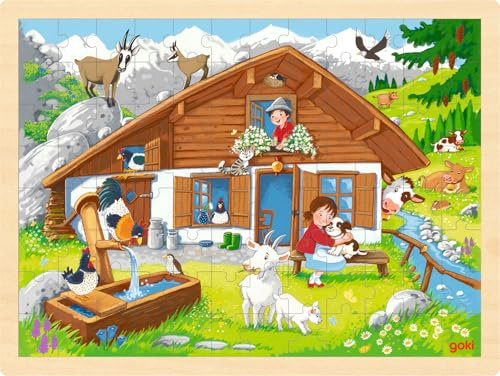 goki 57381 - Einlegepuzzle Auf der ALM aus Holz, Holzpuzzle mit Berglandschaft, Lernspielzeug und Kinderpuzzle, fördert Fantasie und Motorik der Kinder, 40cm x 30cm, 96er Set, ab 3 Jahre