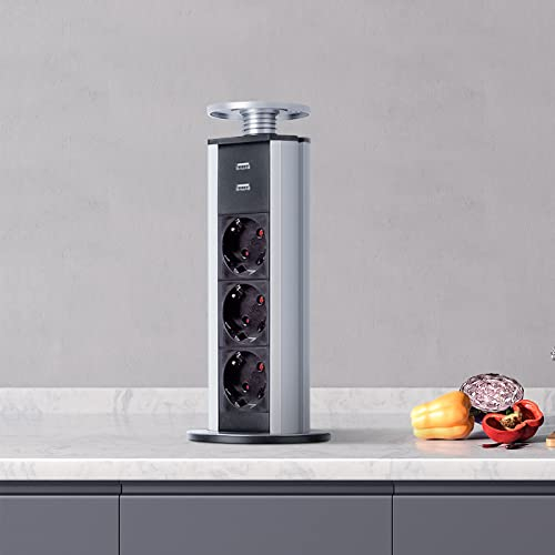 LEUTED 3 Fach Versenkbare Steckdose küche, Tischsteckdose mit 2 USB, Tischsteckdosenleiste mit Kindersicherung und 1.8m Kabel, komplett in Tischplatte, Mehrfachsteckdose für Büro Küche Werkstatt Ø80mm