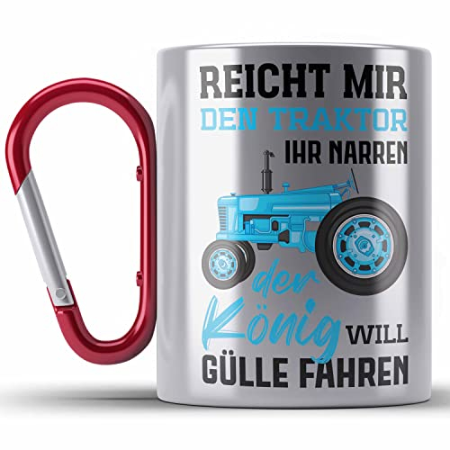 Trendation - Landwirt Spruch Geschenk Edelstahl Tasse Karabiner Landwirtschaft Geschenke für Männer Traktor Spruch Karabiner Edelstahl Tasse Karabiner Edelstahl Gülle Fahren (Rot)