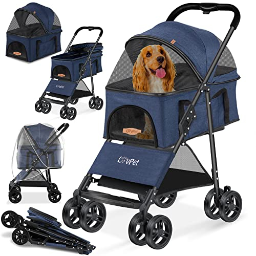 LOVPET® Hundewagen 2in1 Hundebuggy Hundebox Tragetasche Faltbar klappbar bis 20kg, mit 360°Drehrädern Inkl. Netzfenstern Getränkehalter, Regenschutzabdeckung & Kuscheldecke, Jogger Buggy für Haustiere