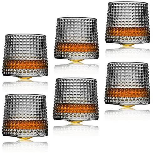 Earnmore Lot de 2 verres à whisky rotatifs à décompression – Verres à whisky à l'ancienne–Verres à whisky style bar–Verres pour bourbon–Verres pour scotch–Verres à rhum (lot de 6, damier, 160ml)