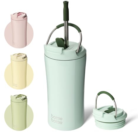 BOTTLE BOTTLE Insulated Travel Mug with Straw and Dual-use Lid Thermal Metal Coffee Cup 350ML(12oz) Stainless Steel Coffee Flask Tumbler with Handle Kids Water Bottles(Green)