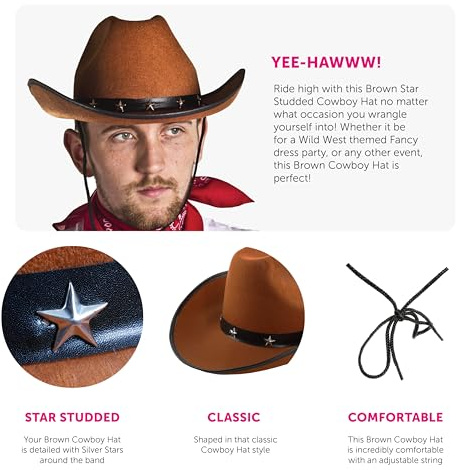 Braune Cowboyhüte – 6 Stück – Filz Stern Nieten Cowboyhut mit Schnur – Cowboy Cowgirl Hüte Wilder Westen Kostüm Zubehör