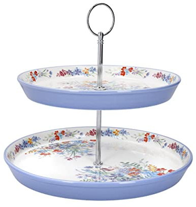 London Pottery Viscri Meadow Cake Stand for Afternoon Tea, 2 Tiered, Ceramic, Almond Ivory/Cornflower Blue
